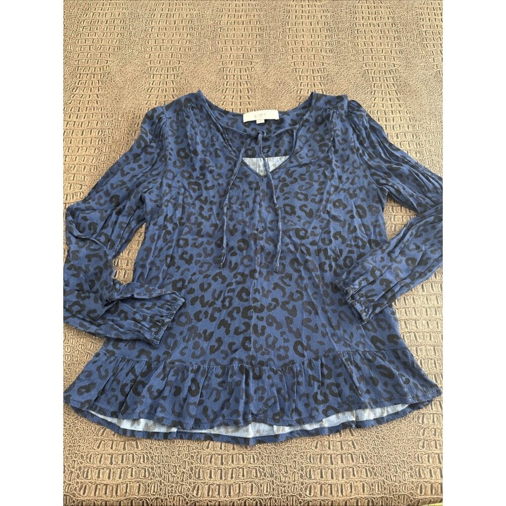 Ann Taylor Loft Blue Black Leopard Print Ruffle Top Blouse Size Small